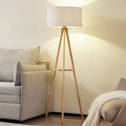 Lindby gulvlampe Adamio, Ø 45,5 cm, hvid, tekstil, stativ