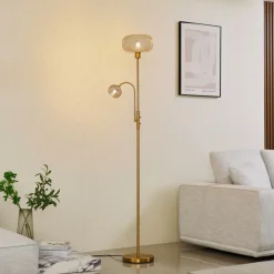 Lindby gulvlampe Aliette, guld/amber, glas, læselampe