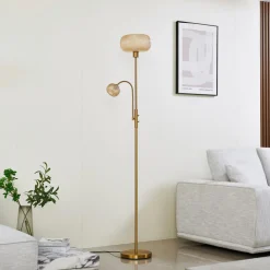 Lindby gulvlampe Aliette, guld/amber, glas, læselampe