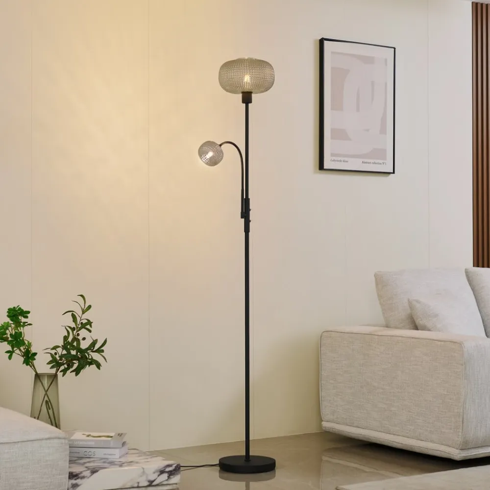 gulvlampe Aliette, sort/grå, glas, læselampe^Lindby Discount