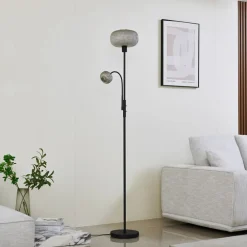 gulvlampe Aliette, sort/grå, glas, læselampe^Lindby Discount