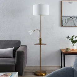 Lindby Gulvlampe Aovan, bronzefarvet, hylde, USB-port