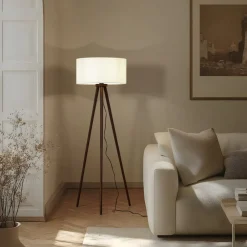 Lindby gulvlampe Charlia, hvid, valnøddetræ, højde 150 cm