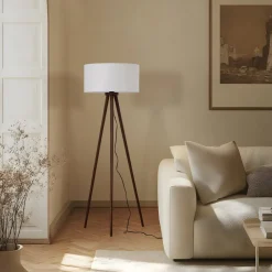 Lindby gulvlampe Charlia, hvid, valnøddetræ, højde 150 cm