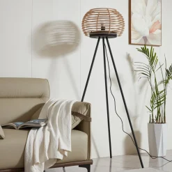 Lindby gulvlampe Ediz, sort, træ, 159 cm høj, E27