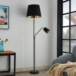 gulvlampe Efalia, sort/guld, tekstil, læselampe^Lindby
