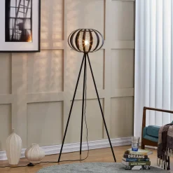 Lindby gulvlampe Tamira, sort, rattan, 143 cm høj, E27