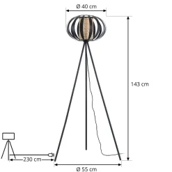 Lindby gulvlampe Tamira, sort, rattan, 143 cm høj, E27