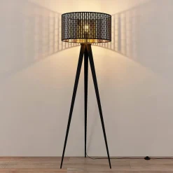 gulvlampe Thoralf, trefod, sort, tekstil, Ø50cm^Lindby Clearance