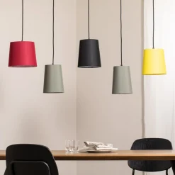 hængelampe Amilia, stof, 5 lyskilder, rød/grå/gul, E27^Lindby Discount