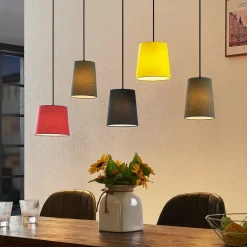 hængelampe Amilia, stof, 5 lyskilder, rød/grå/gul, E27^Lindby Discount