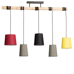 hængelampe Amilia, stof, 5 lyskilder, rød/grå/gul, E27^Lindby Discount