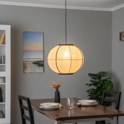 hængelampe Aurinil, træfarvet, hør, Ø 48cm, E27^Lindby Outlet