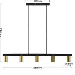 hængelampe Baliko, sort/messing, 5 lyskilder, GU10^Lindby Clearance