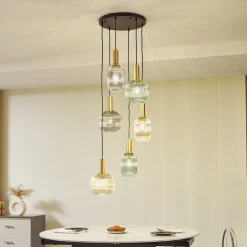 Lindby hængelampe Doroteo, 6 lyskilder, grøn/amber/grå, glas