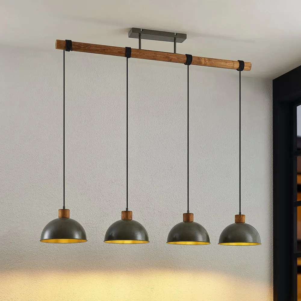 hængelampe Durbis, 116 cm, 4 lyskilder, grå, træ, E27^Lindby Online