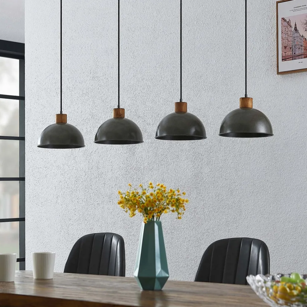 hængelampe Durbis, 116 cm, 4 lyskilder, grå, træ, E27^Lindby Online