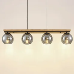 hængelampe Enrique, smoke, 4 lyskilder, glas, træ, E27^Lindby Discount