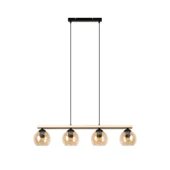 Lindby hængelampe Enrique, amber, 4 lyskilder, glas, træ, E27