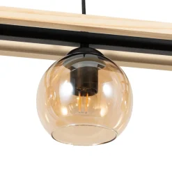 Lindby hængelampe Enrique, amber, 4 lyskilder, glas, træ, E27