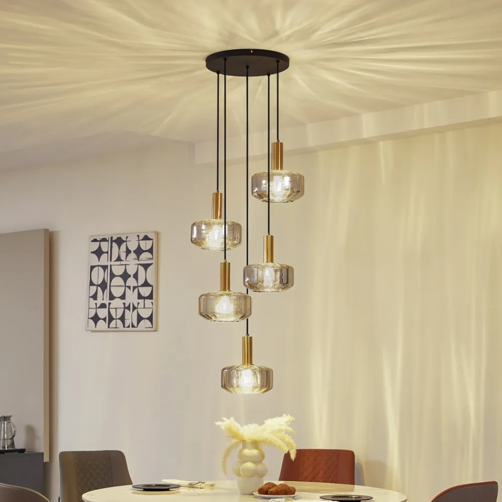 hængelampe Hildur, 5 lyskilder, røgfarvet grå, glas^Lindby Clearance