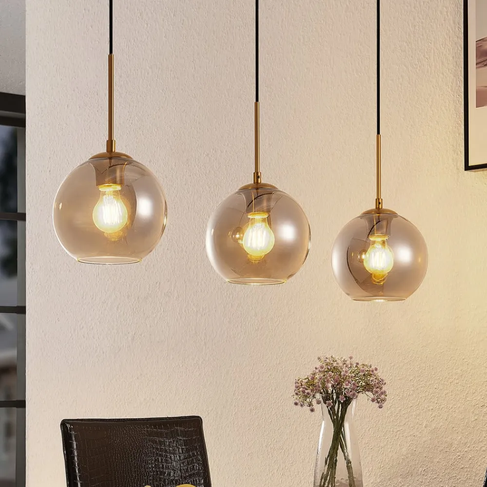 Lindby hængelampe Hiwana, røggrå, glas, 3 lyskilder