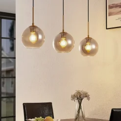 Lindby hængelampe Hiwana, røggrå, glas, 3 lyskilder