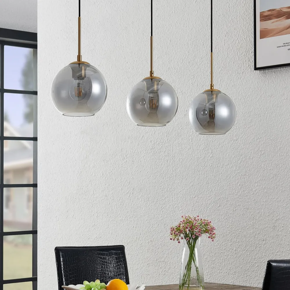 Lindby hængelampe Hiwana, røggrå, glas, 3 lyskilder