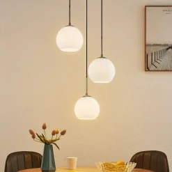 hængelampe Jurian, Ø 32 cm, 3 lyskilder, nikkel/opal, glas^Lindby Sale