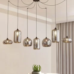 Lindby hængelampe Marla, 7 lyskilder, glas, røgfarvet grå, 128 cm