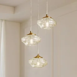 hængelampe Piatra, Ø25cm, 3 lyskilder, cognac/messing, glas^Lindby New