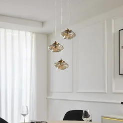 hængelampe Piatra, Ø25cm, 3 lyskilder, cognac/messing, glas^Lindby New