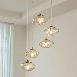 hængelampe Piatra, Ø45cm, 5 lyskilder, cognac/messing, glas^Lindby Outlet