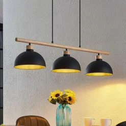 Lindby Pendellamper|Pendellamper>hængelampe Tirzana, 3 lyskilder, sort, metal, træ