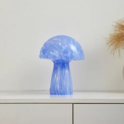 Lindby Hubi bordlampe, blå, glas, Ø 22 cm, svampeform