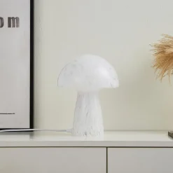 Lindby Hubi bordlampe, hvid, glas, Ø 22 cm, svampeform