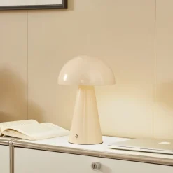 LED genopladelig bordlampe Nevijo, beige, Ø20cm, USB, dæmper^Lindby Sale