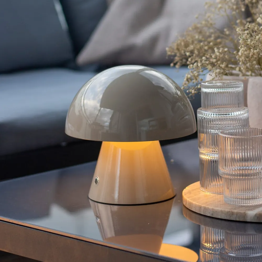 LED genopladelig bordlampe Nevijo, grå, Ø18cm, USB, dæmper^Lindby Hot