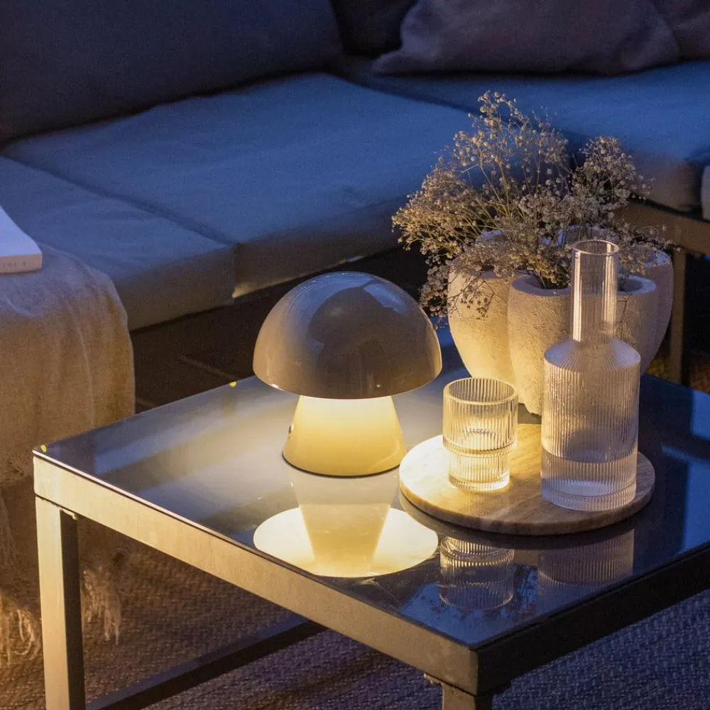 LED genopladelig bordlampe Nevijo, grå, Ø18cm, USB, dæmper^Lindby Hot