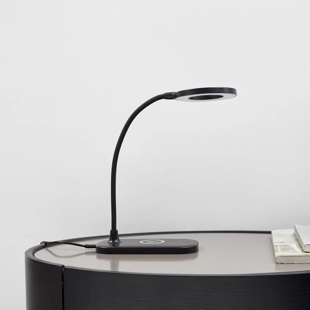 Lindby Arbejdsrum/Kontor|Bordlamper>LED-bordlampe Siona sort CCT dæmpbar ladestation