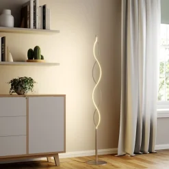 Lindby LED-gulvlampe Auron, nikkelfarvet, metal, touchdæmper