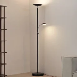 LED-gulvlampe Malea, sort, læselampe, dæmpbar^Lindby Discount