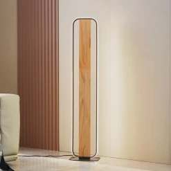 LED-gulvlampe Romilda, grå, træ, højde 122 cm^Lindby Clearance