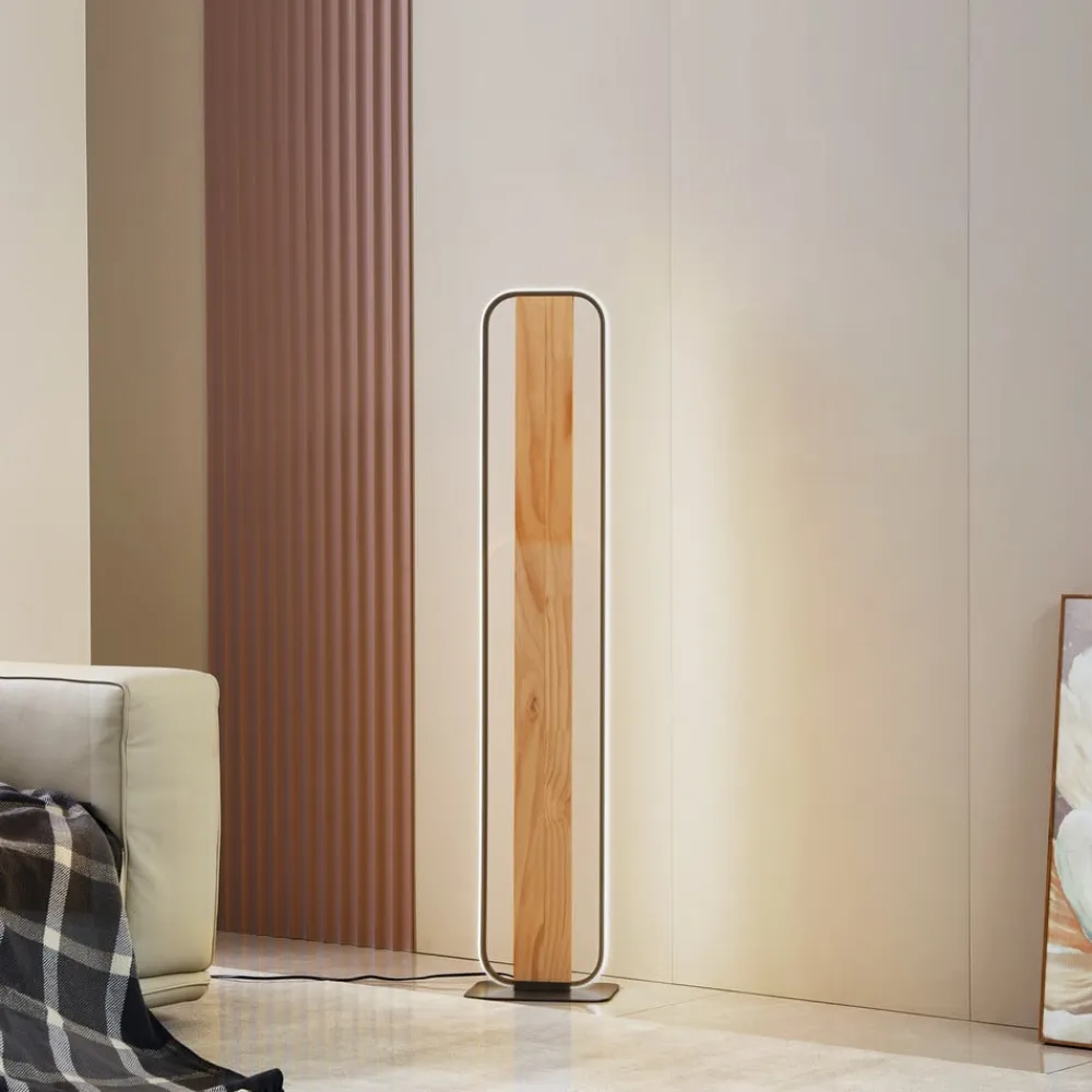 LED-gulvlampe Romilda, grå, træ, højde 122 cm^Lindby Clearance