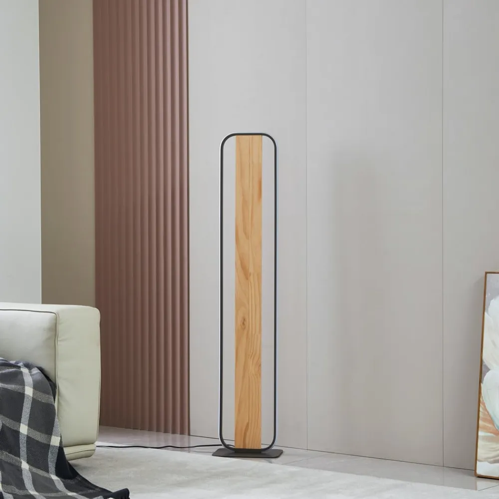 LED-gulvlampe Romilda, grå, træ, højde 122 cm^Lindby Clearance