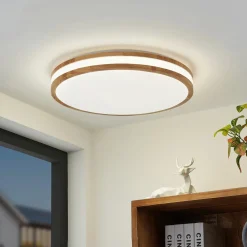 Lindby LED-loftlampe Emiva, 50 cm, CCT, fjernbetjening, træ