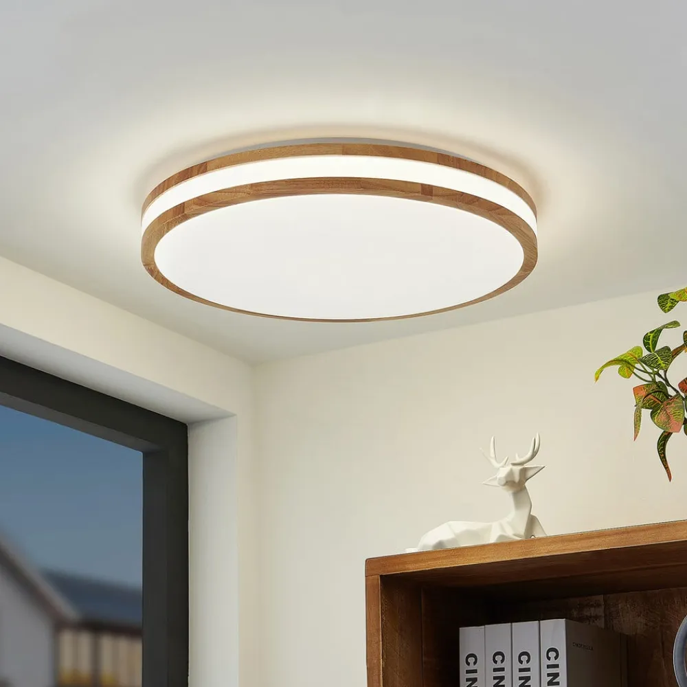 Lindby LED-loftlampe Emiva, 50 cm, CCT, fjernbetjening, træ