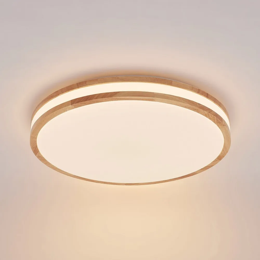 Lindby LED-loftlampe Emiva, 50 cm, CCT, fjernbetjening, træ
