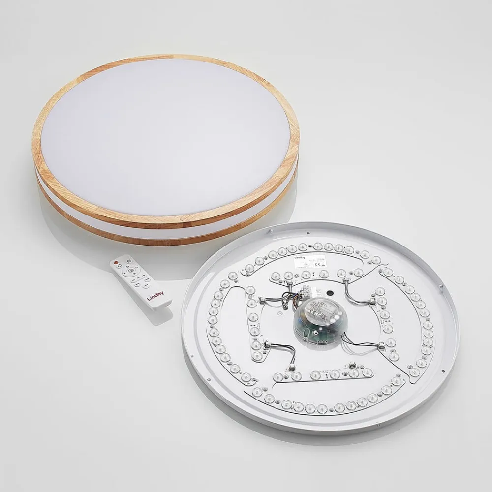 Lindby LED-loftlampe Emiva, 50 cm, CCT, fjernbetjening, træ