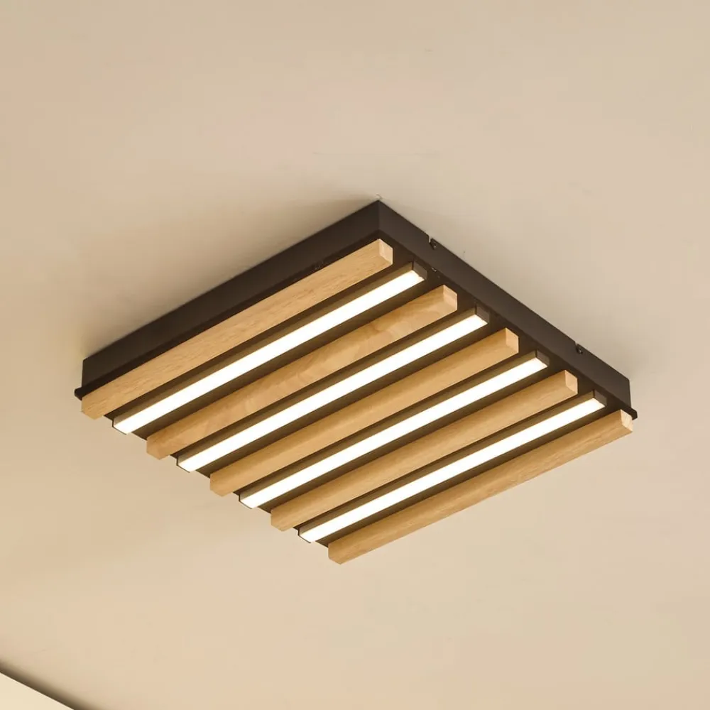 Lindby LED-loftlampe Firka, hvid, træ, 42 cm, CCT, dæmpbar.